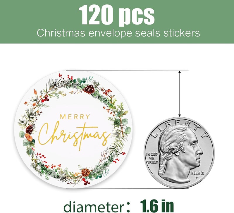 DLP 120pcs Merry Christmas Stickers for Cards Envelope Seals Gold Foil Large Round Adhesive Holiday Stickers for Invitation Gift Bags Box Sealing Parcel - Image 2
